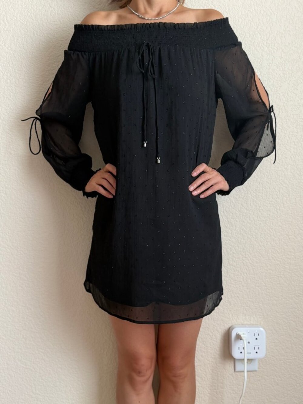 Zara Basic Women's Black Off Shoulder Mini Dress Swiss Dot Sheer Size XS